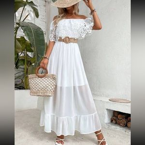 Boho white off shoulder lace ruffle hem maxi dress